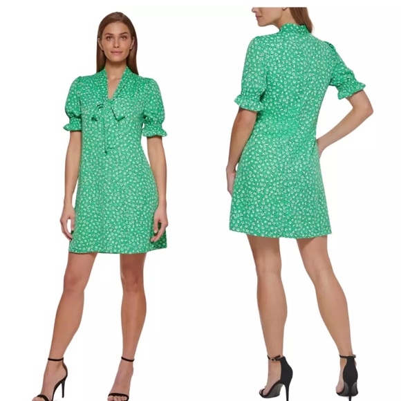DKNY Puff Sleeve Front Print Tie Neck Mini Swing Dress Women's 6 Green Chiffon - Picture 5 of 7